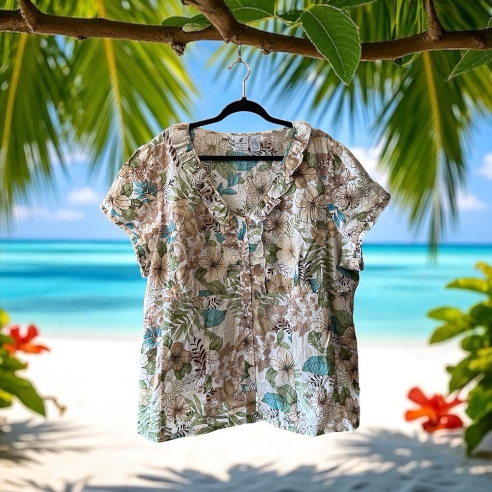 Caribbean Joe Cream w/Brown/Turquoise/Green/Tan Tropical Floral Print Top - Picture 3 of 12